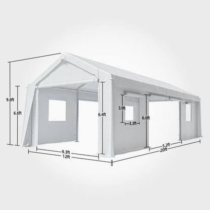IDEALHOUSE 12x20 FT Heavy Duty Carport Canopy - Portable Garage with 6 Doors (4 Roll-Up + 2 Side), Waterproof All-Weather Shelter for Pickup Trucks & Boats (White)