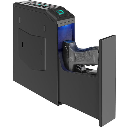 Hidden Gun Safe for Pistols, Biometric Fingerprint Smart Slider Handgun Safe for Nightstand, Desk, Bedside, Wall,Truck -Auto Sliding Door- Fingerprint, PIN Code, KEY Access (Black-Biometric)