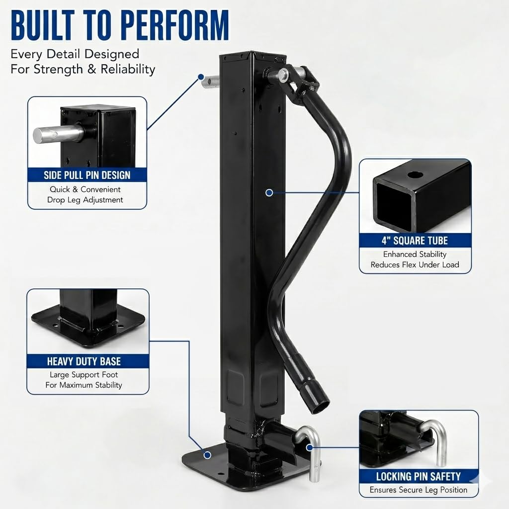 12000 LBS Weld-On Trailer Jack, 4" Square Tube, 26" Travel (12.5" Lift + 13.5" Drop Leg), Side Pull Pin Side Wind, Heavy Duty Jack Stand for Gooseneck Utility Trailers, Black Powder Coated