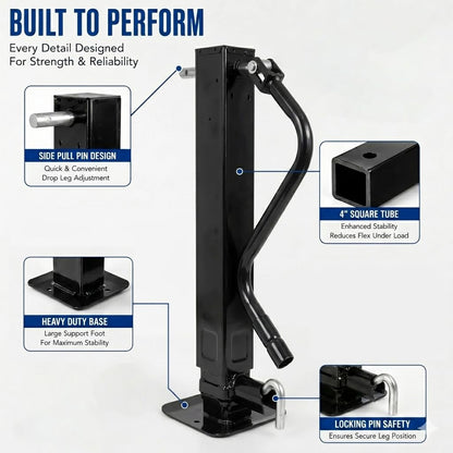 12000 LBS Weld-On Trailer Jack, 4" Square Tube, 26" Travel (12.5" Lift + 13.5" Drop Leg), Side Pull Pin Side Wind, Heavy Duty Jack Stand for Gooseneck Utility Trailers, Black Powder Coated