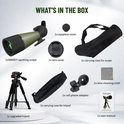 NWDEY Spotting Scope 25-75x80, BAK4 Prism FMC Optics, Waterproof Spotting Scope with Upgraded Tripod, Phone Adapter and Carrying Case for Bird Watching, Target Shooting, Wildlife Viewing