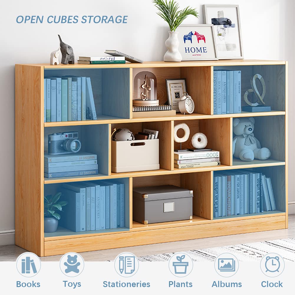 IOTXY Open Shelf Low Bookcase - Wooden 3-Tier Floor Standing Display Cabinet Organizer with Base, 10 Cubes Short Horizontal Bookshelf in Pear Yellow