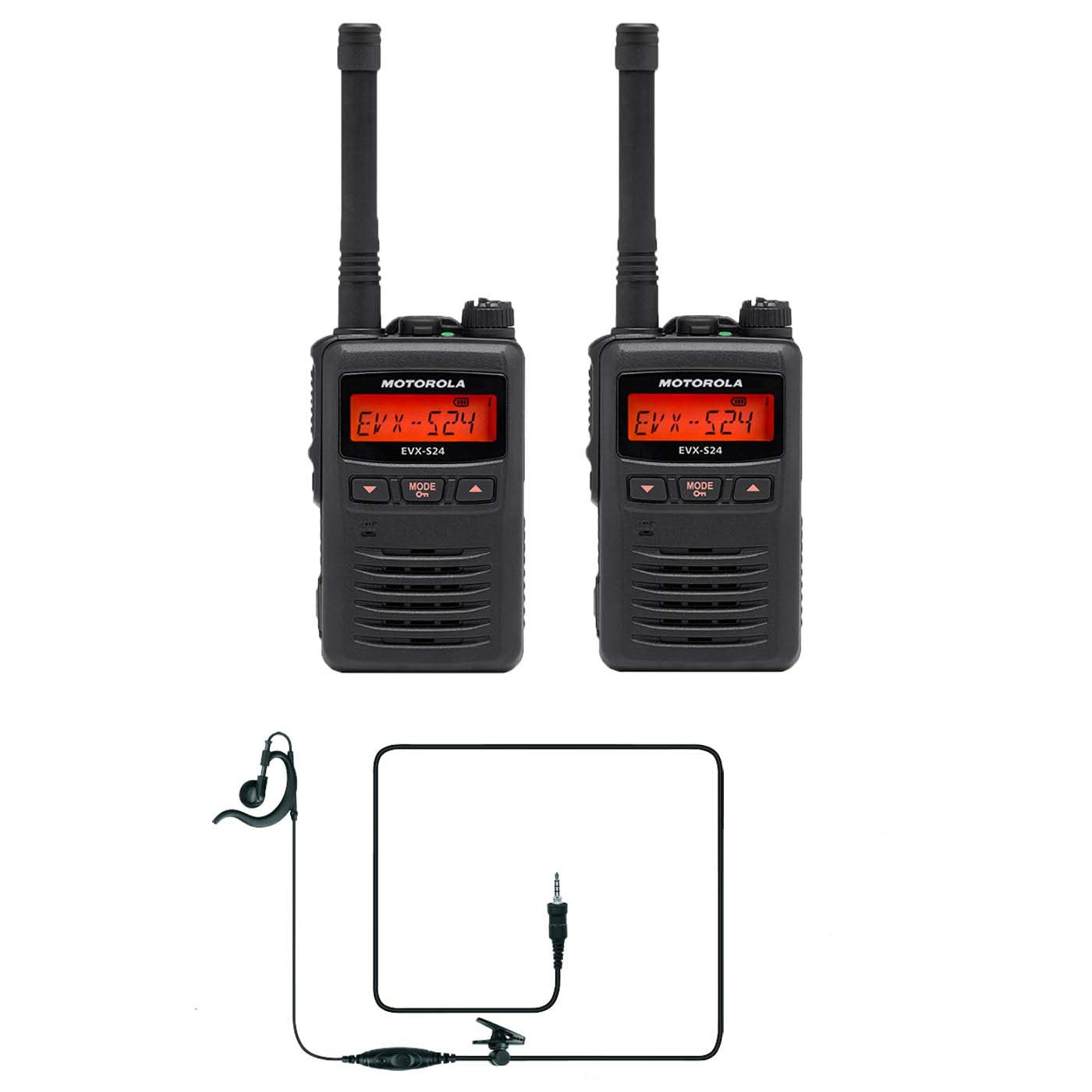2 Motorola EVX-S24 Digital UHF Display Radio & 2 MH-89A4B C-Ring Headsets Designed for Your Security Team Black