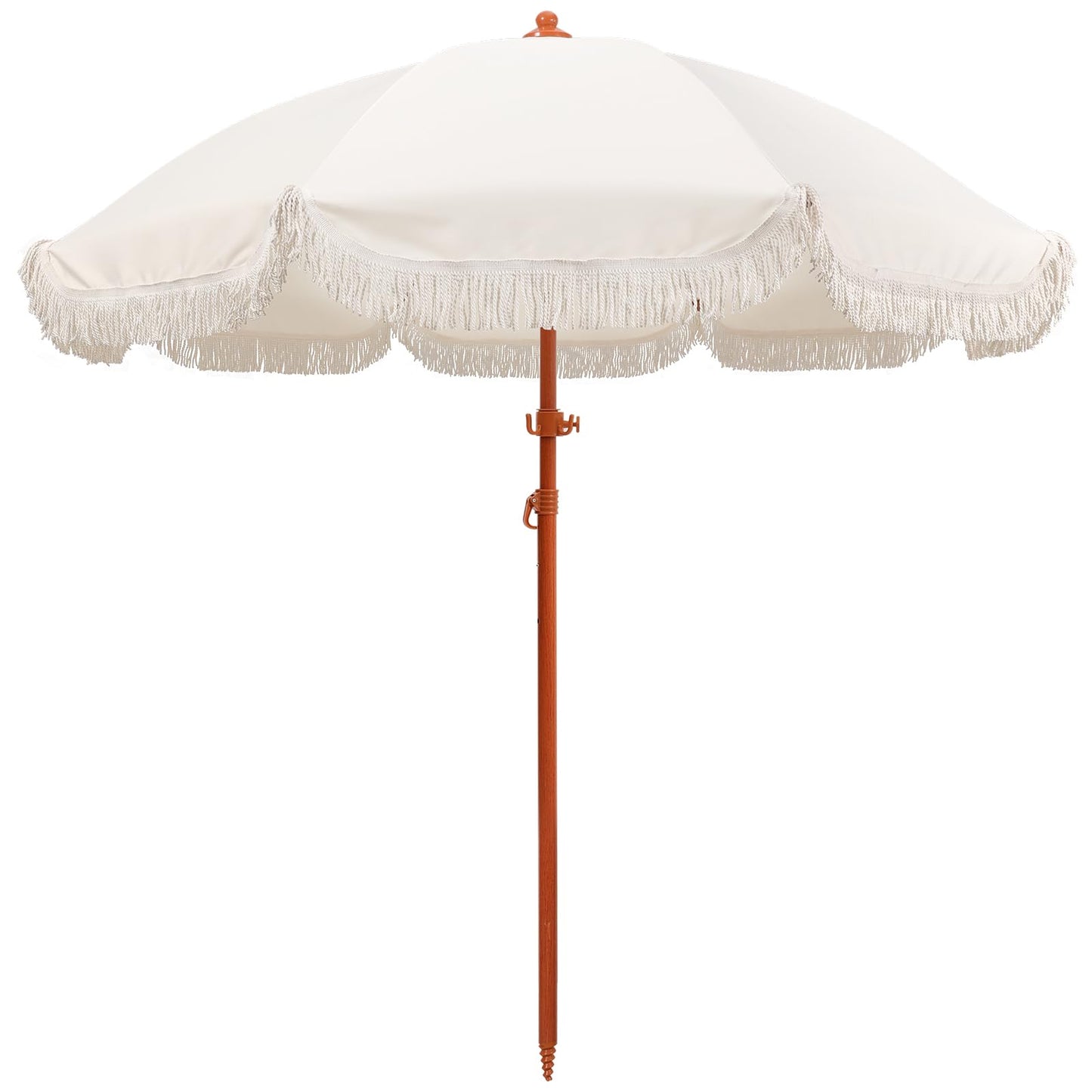 Jihfmo 7.3ft Boho Beach Umbrella with Integrated Sand Anchor & Reinforced 8mm Ribs – Heavy Duty Windproof Fringe Patio Umbrella, UPF 50+ Sun Shade with Tilt Mechanism & Carry Bag for Outdoor, Garden, Seaside (Cream/White)