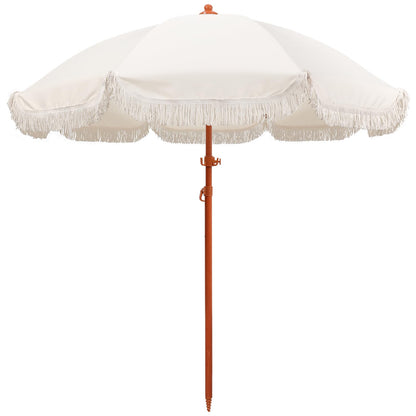 Jihfmo 7.3ft Boho Beach Umbrella with Integrated Sand Anchor & Reinforced 8mm Ribs – Heavy Duty Windproof Fringe Patio Umbrella, UPF 50+ Sun Shade with Tilt Mechanism & Carry Bag for Outdoor, Garden, Seaside (Cream/White)