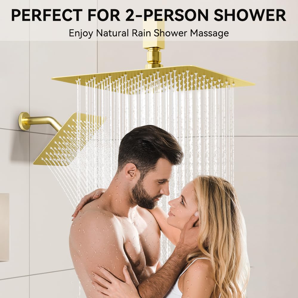 Brushed Gold Shower System Shower Faucet Set, STARBATH 6"+12" Ceiling Mount Rain Shower Head and Handheld Spray for Two Person, Shower Faucet Set with Diverter Valve and Trim Kit Complete