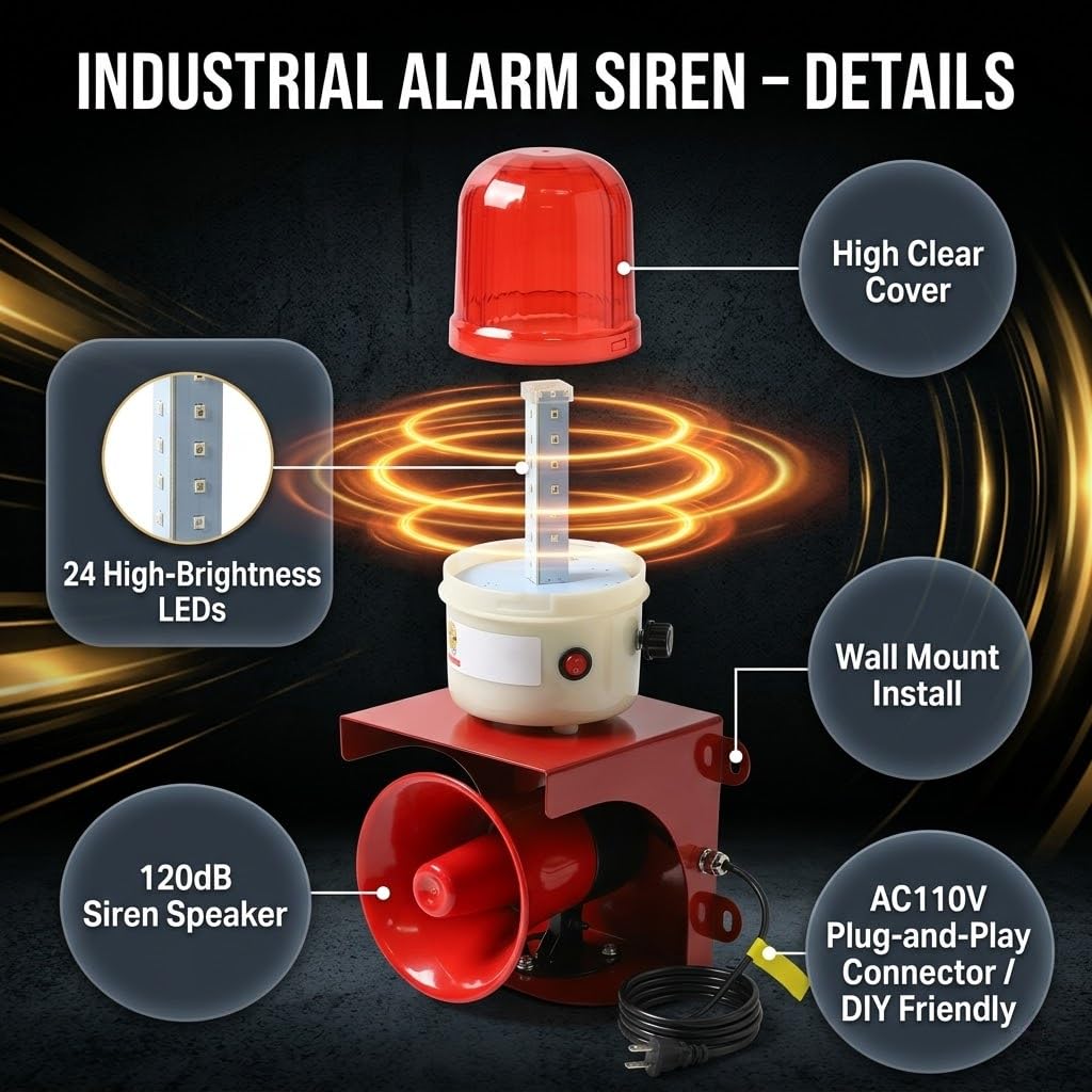 BOVZOR Industrial Siren Alarm Strobe Light Compatible with Factory and Gantry Crane Systems, AC 110V 120dB Loud Industrial Siren with Red Strobe Warning Light, IP55 Weather-Resistant Emergency Beacon