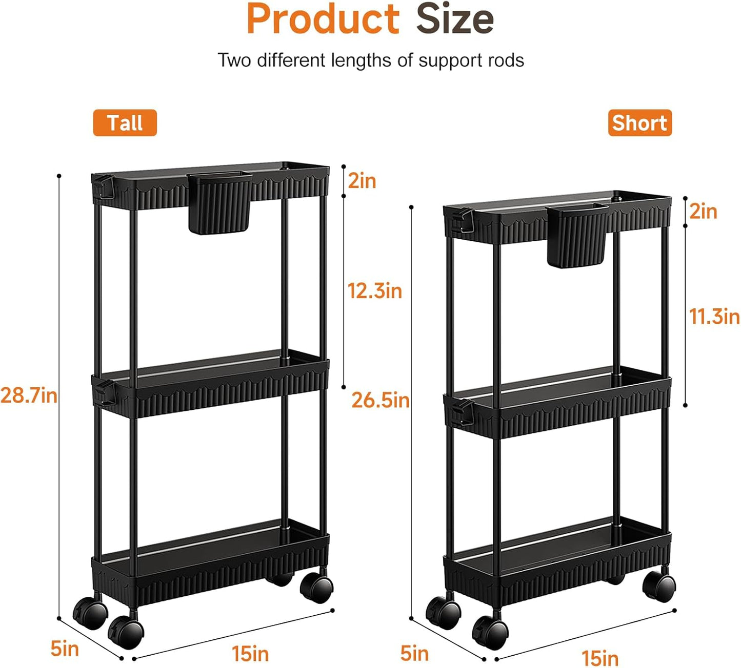 Sevenblue Slim Rolling Storage Cart - 3 Tier Utility Organizer with Wheels for Kitchen & Bathroom (Black)
