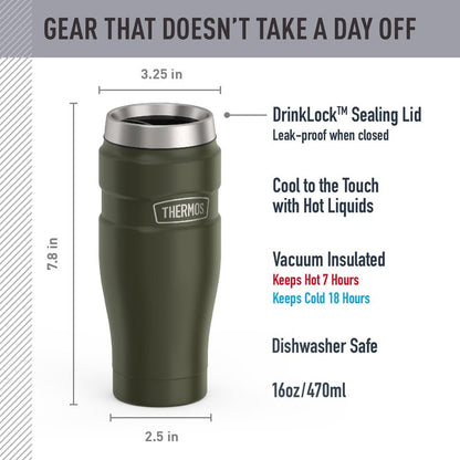 THERMOS Stainless King Vacuum-Insulated Stainless Steel Tumbler - 16oz, Army Green - Insulated Coffee Tumbler for Hot & Cold Drinks - Leak-Proof & Sweat-Proof for Commuting & Traveling