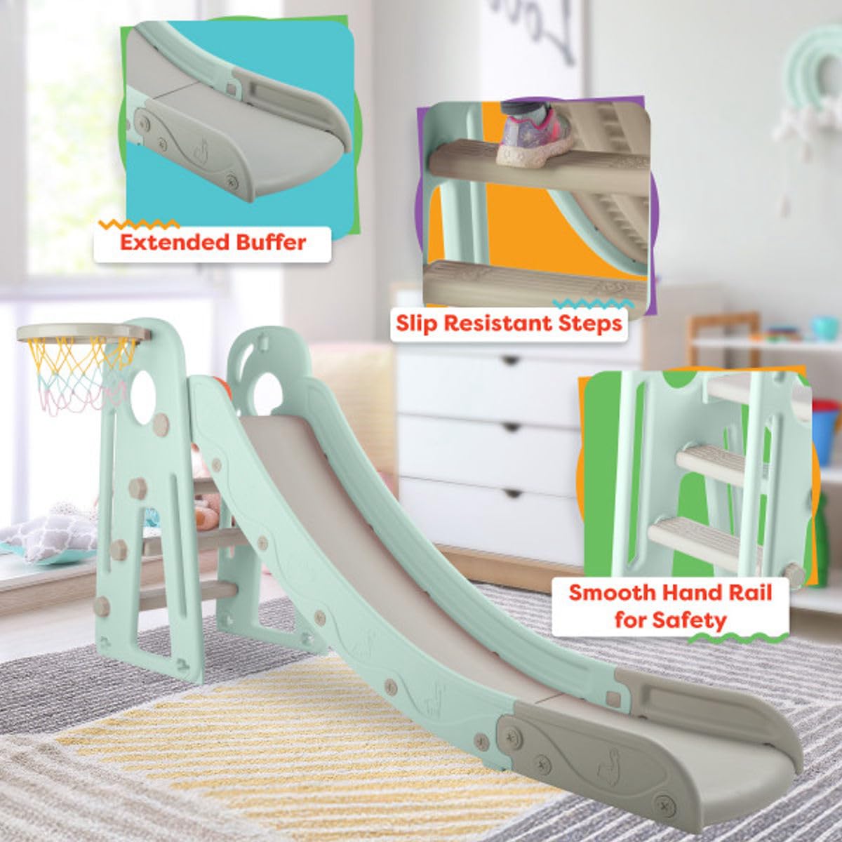 Toddler Slide with Basketball Hoop and Ball - Indoor and Outdoor Play Equipment for Kids Age 3 and Up - Foldable Plastic Climber Slide Playset Toys by Hey Play (Blue)