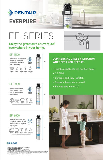 Pentair Everpure EF-1500 Full Flow Drinking Water System, EV985800, NSF Certified to Reduce Lead, Includes Filter Head, Cartridge, and All Hardware, 1,500 Gallon Capacity, 0.5 Micron