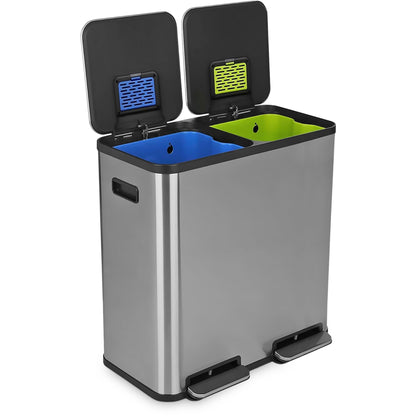 SIMPLI-Magic 21 Gallon (80L) Dual Compartment Kitchen Trash Can - Hands-Free Step Pedal, Soft-Close Lid, Stainless Steel Recycling Bin with Odor Filter (40L + 40L)