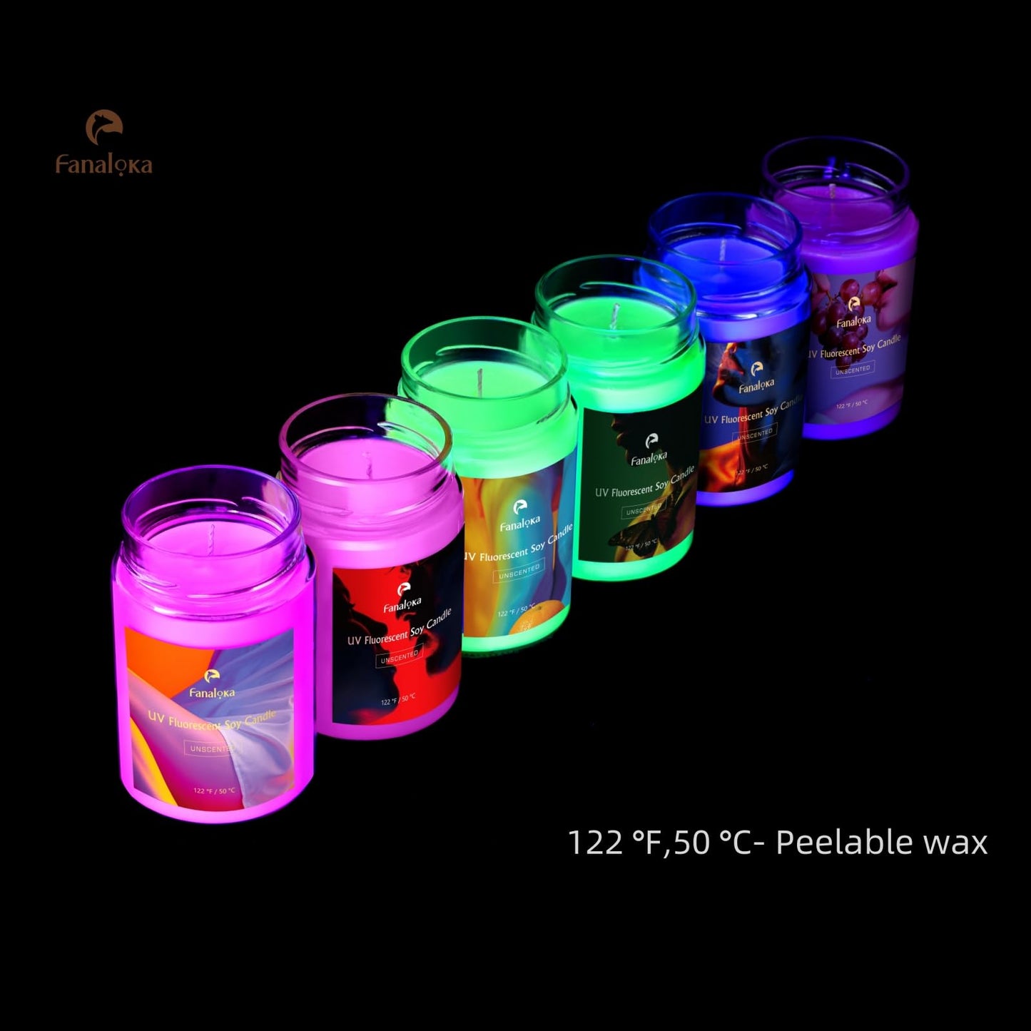 UV Fluorescent Soy Wax Low Temperature Candles, Low Heat Body Safe Candle for Night Party, Unscented, 122 °F, 11 oz, Peelable Wax (Purple)