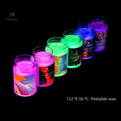 UV Fluorescent Soy Wax Low Temperature Candles, Low Heat Body Safe Candle for Night Party, Unscented, 122 °F, 11 oz, Peelable Wax (Purple)