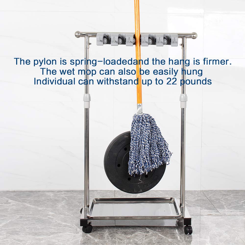QTJH movable mop broom holder put wet mops floor standing cleaning tool rack stainless for schools, hospitals, factories, hotels, restaurant, etc.