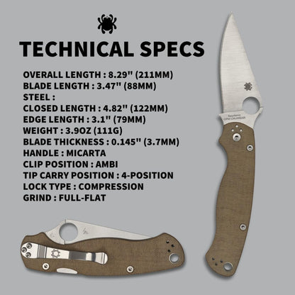 Spyderco Para Military 2 Folding Pocket Knife with 3.4" CPM Cru-Wear Steel Blade and Micarta Handle - EDC Knife for Men and Women, Perfect for Hunting, Tactical, Camping - PlainEdge - C81MPCW2