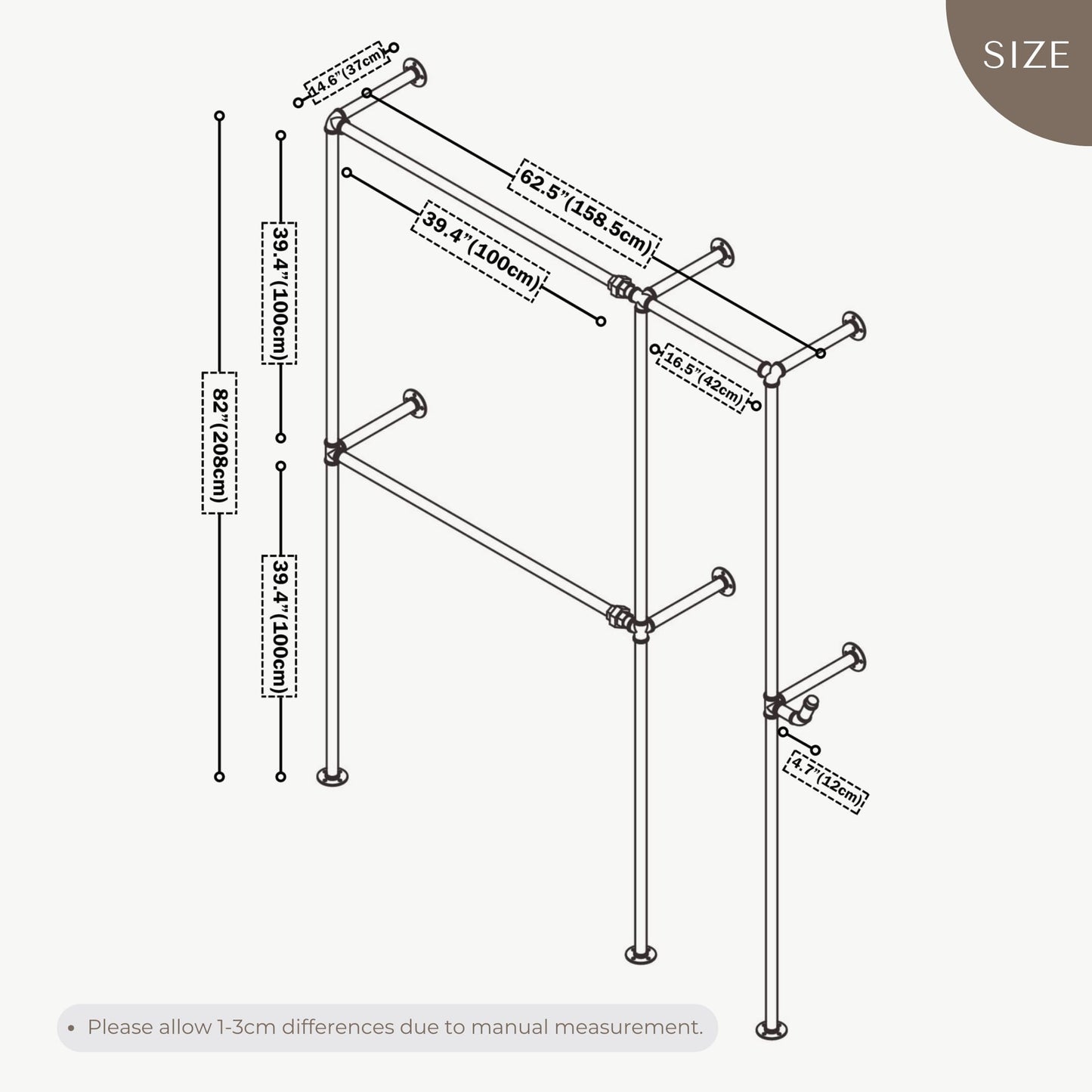 Anynice Black Industrial Pipe Clothing Rack 62.5" W Wall Mounted, Heavy Duty Iron Garment Rack 150 lbs per Rod, Open Closet Organizer for Bedroom Laundry Room Retail Display