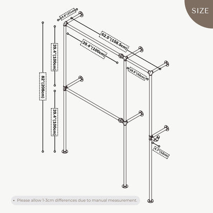 Anynice Black Industrial Pipe Clothing Rack 62.5" W Wall Mounted, Heavy Duty Iron Garment Rack 150 lbs per Rod, Open Closet Organizer for Bedroom Laundry Room Retail Display