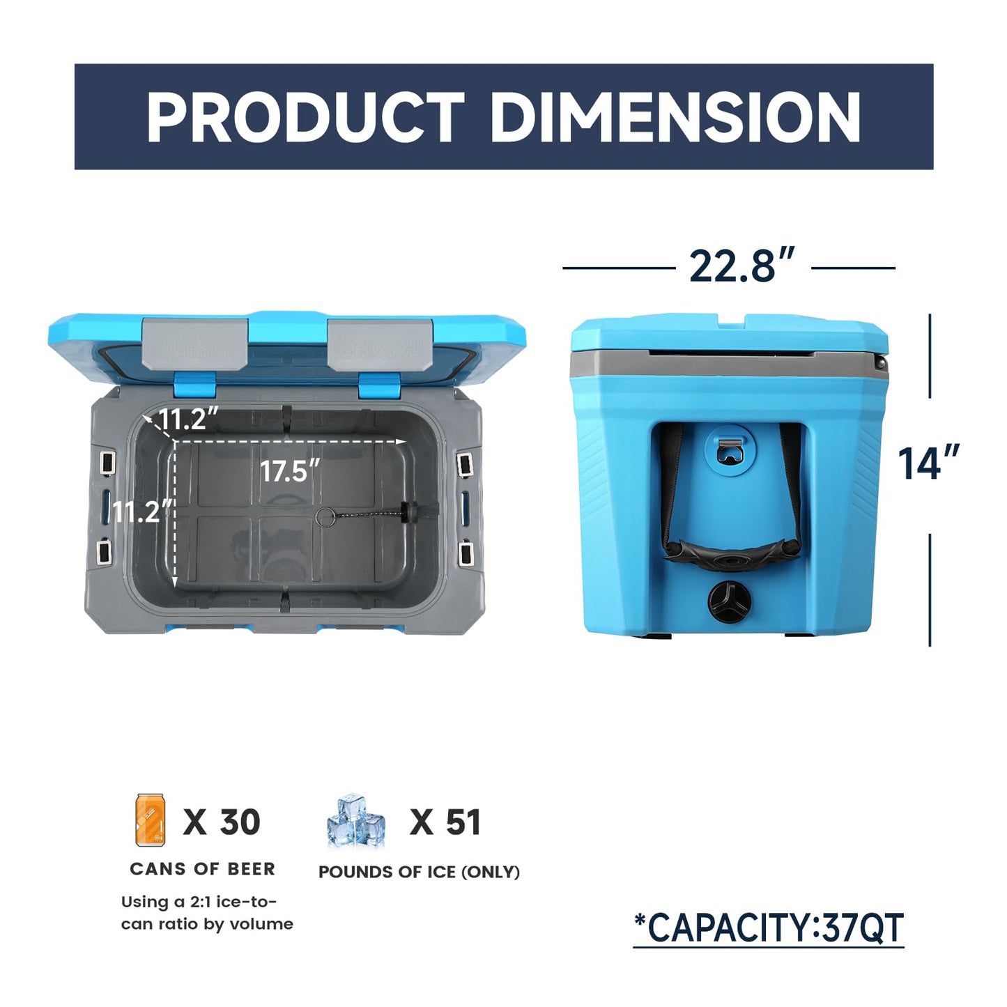 EchoSmile 35 Quart Insulated Cooler, Outdoor Portable Hard Cooler Ice Chest Box w/ 2 Cup Holders, Drain Plug, Bottle Opener, 3-Day Ice Retention for Camping, Beach, and Picnic,Blue