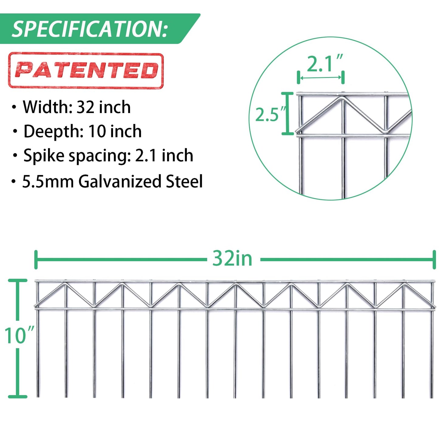 GRELWT 15 Pack 32" L x 10" H Animal Barrier Fence, No Dig Fence Patented Product, 5.5mm Galvanized Stakes with 2.1" Spacing, Anti Digging for Dogs Outdoor Yard Patio, Total 40Ft(L) X 10in(H) Silver