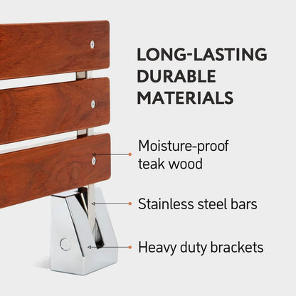 Folding Shower Seat - Teak Shower Seat Wall Mounted - 16 Inch Floating Fold Down in Shower Bench - Fold Up Bathroom Stool - Foldable Teak Wood Chair with Stainless Steel Wall Mount - 330lb Capacity