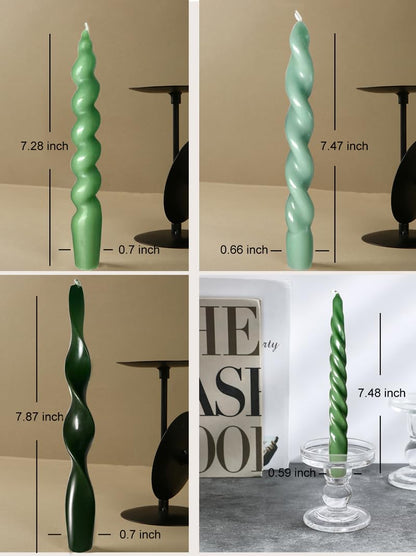 4 Pcs Green Taper Candles 7.87 Inch - Twisted Spiral Ribbed Wave Dark Green Short Candlesticks for Spring Weddings Events Dinner Party Home Holiday Decor