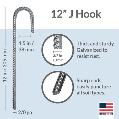 Pinnacle Mercantile 100 Pack Anti Rust Rebar Stakes J Hook Heavy Duty Galvanized Steel Ground Anchors 12 inch Long 3/8 inch Round Chisel Point End Made USA