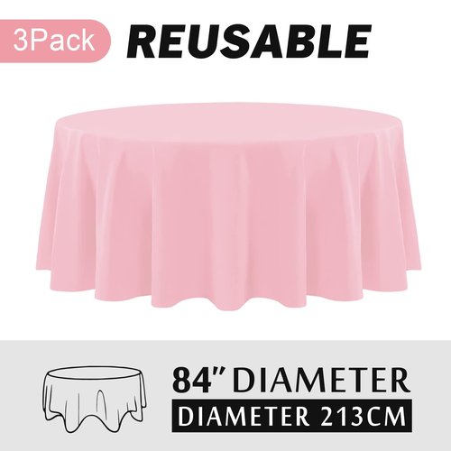 Childom Round Tablecloths,3 Pack 84 Inch Round Plastic Tablecloths Disposable Table Covers Pink Tablecloth for Indoor or Outdoor Parties Birthdays Weddings Holiday Dinner Anniversary Buffet Table