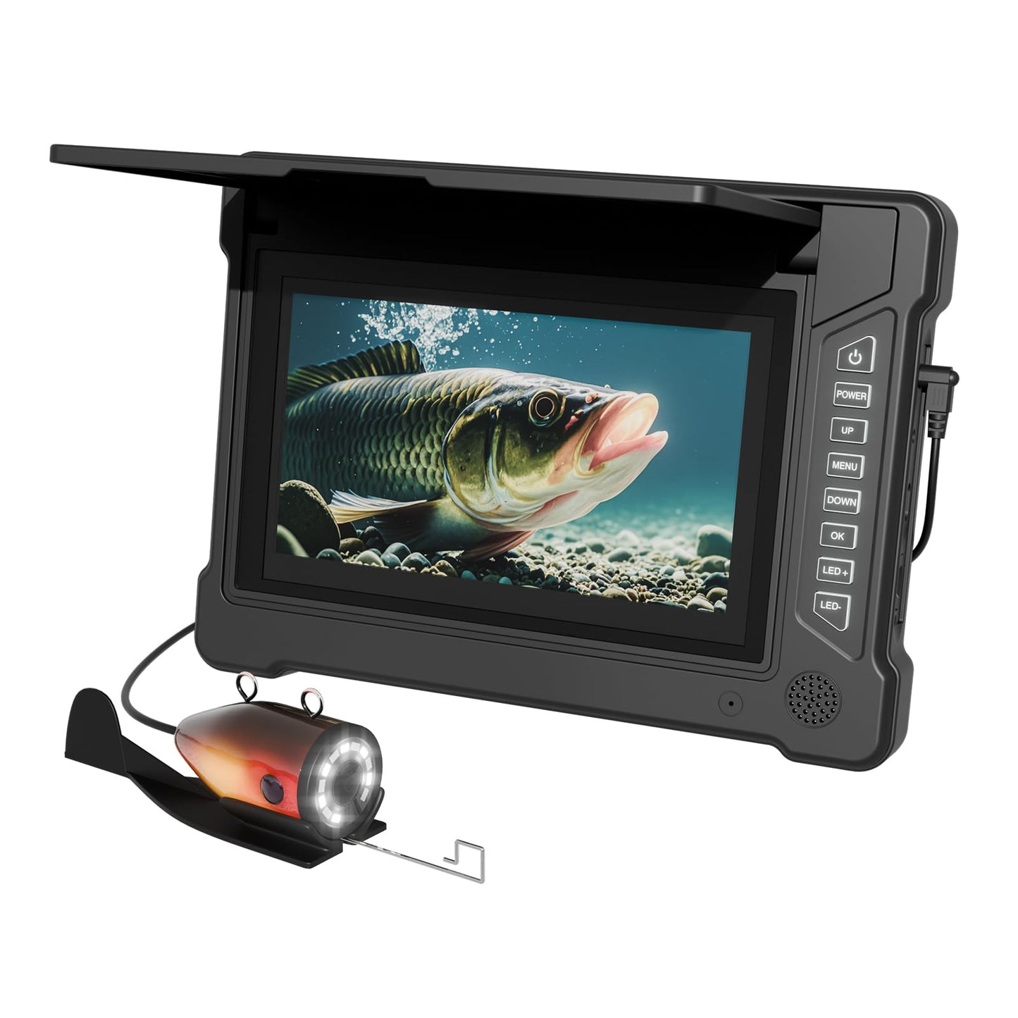 ESANHAO Underwater Fishing Camera 7" LCD Monitor Portable Fish Camera with Light 12pcs & 100ft/30m Cable Waterproof IP68 for Ice Fishing, Lake Sea Boat Kayak Fishing