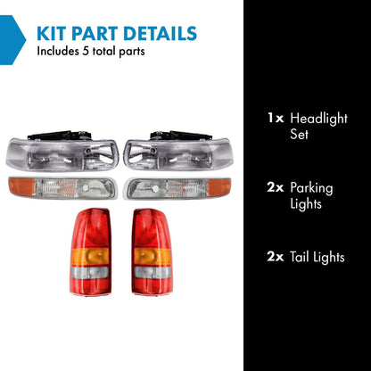 TRQ Headlight Tail Light Assembly Set for 1999-2002 Chevy Silverado 1500 2500 HD, Model LKA56016