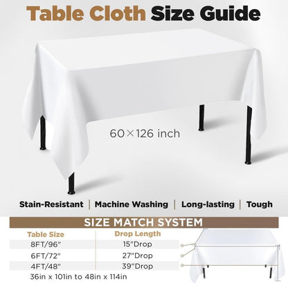 White Tablecloths for Rectangle Tables 10 Pack 60 x 126 Inches Reusable and Washable Table Clothes for 6-8 Ft Tables Polyester Fabric Wrinkle Resistant Heat Proof Table Covers for Wedding Party
