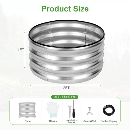 Permade Galvanized Raised Garden Bed- 2Pcs Metal Planter Boxes Outdoor | 12" Tall 24" Round Steel Raised Bed Kit & Fire Pit Ring for Gardening with Protective Tape for Vegetables, Flower (Sliver)
