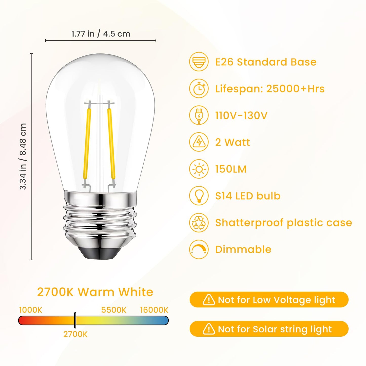 Svater 144 FT Outdoor String Lights 2W, Patio Light for Outside with 32 Antique S14 Plastic LED Bulbs with 30 Pack S14 Replacement Bulb