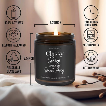 Classy Sassy and a Bit Smart Candle Funny Gifts for Women, Best Friend Birthday Gifts for Women, Anniversary, Friendship, Motivation, Lavender Wood Wild Apple Eucalyptus Scent Candle 9OZ