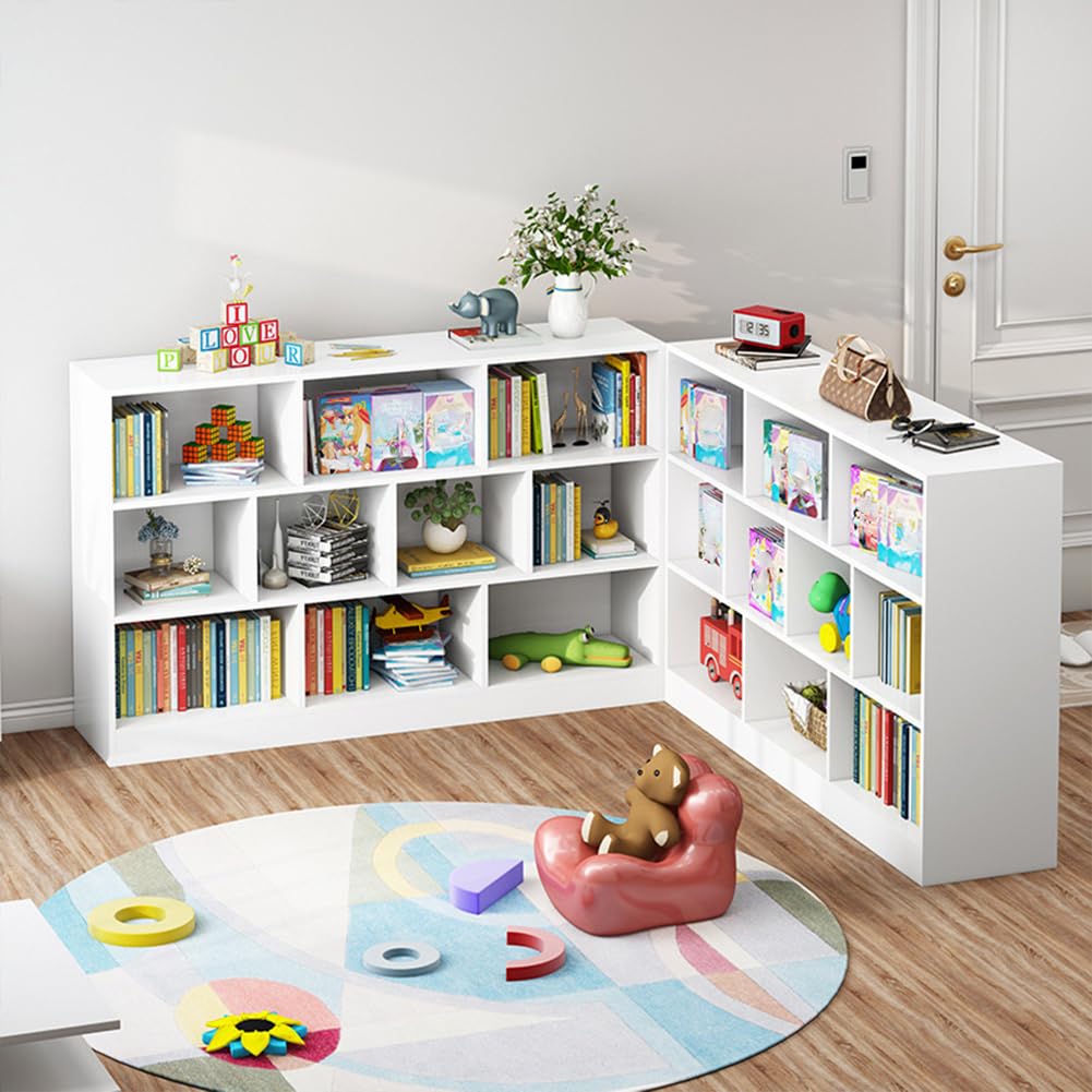 IOTXY Open Shelf Low Bookcase - Wooden 3-Tier Floor Standing Display Cabinet Organizer with Base, 10 Cubes Short Horizontal Bookshelf in Pear Yellow