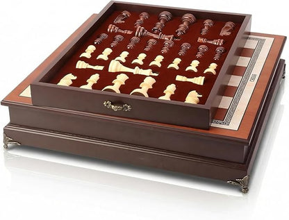 14.6-Inch Wooden Chess Set with Drawer Storage – Handmade Chess Board with 2 Extra Queens Elegant Home Decor and Strategy Game for Adults &amp Beginners
