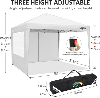 COBIZI 10x10 Pop Up Canopy Tent with 4 Sidewalls Party Tents Waterproof UPF 50+ Commercial Instant Outdoor Events Tent for Parties Markets Backyard, Ropes（10 x 10 ft White
