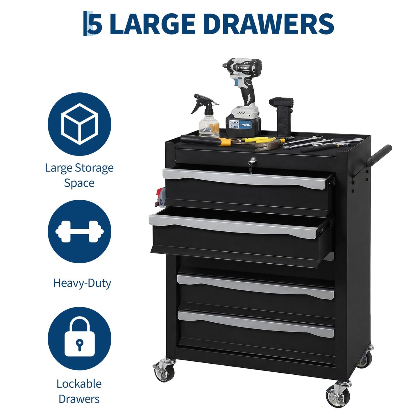 5-Drawer Tool Chest with Wheels, Rolling Toolbox with Keyed Locking System, Heavy Duty Tool Storage Cabinet for Garage, Warehouse, Workshop, Repair Shop, Black