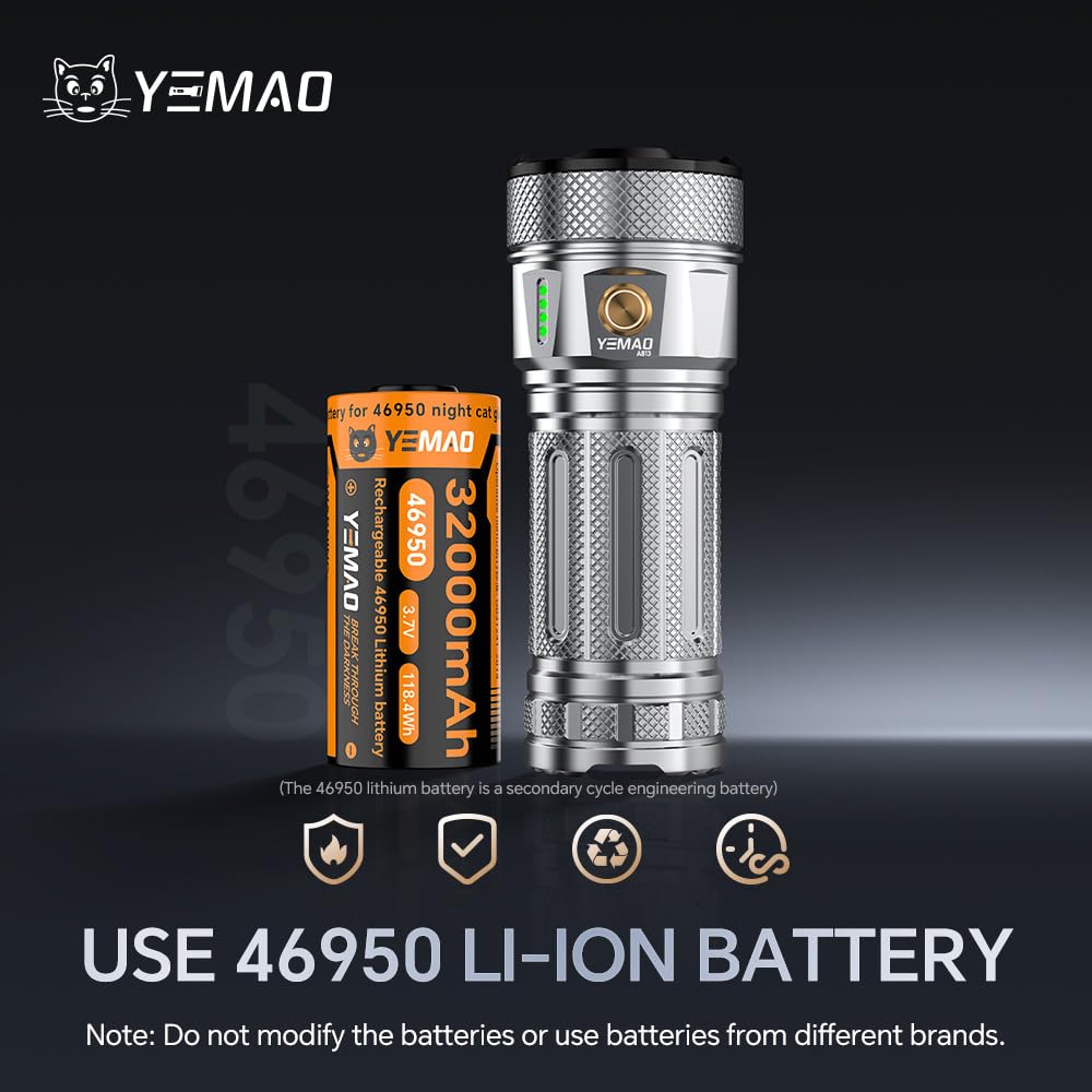 Yemao Rechargeable Flashlights 13800 High Lumens, Brightest Flashlight, Super Bright LED Flashlight Type C Charged, 5 Modes Long Lasting 63 Hours, for Emergencies, Camping, Outdoor, Caving