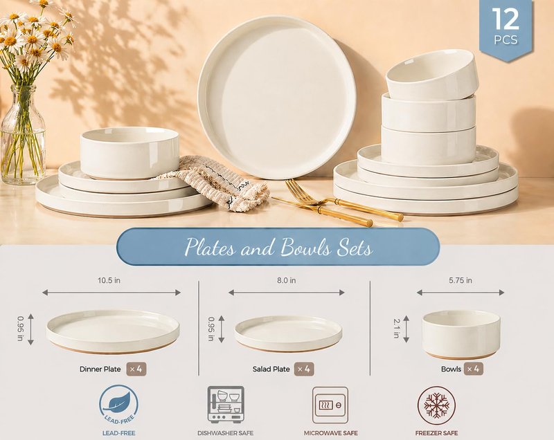AmorArc Ceramic Dinnerware Set for 4 | Speckled Stoneware Plates and Bowls with unglazed terracotta | Scratch Resistant, Dishwasher & Microwave Safe Modern Dishes Sets- 12-Pcs