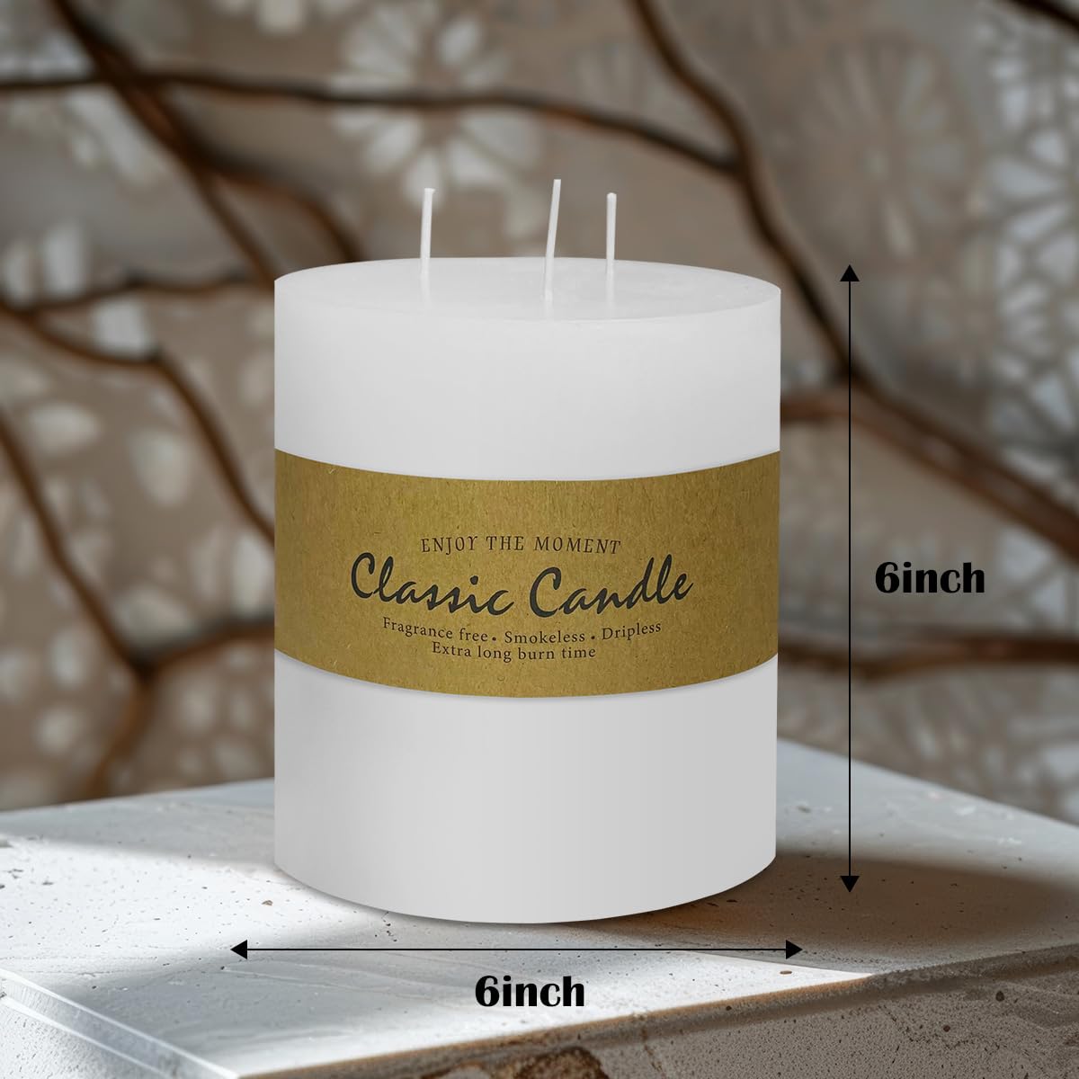 3 Wick White Extra Large Pillar Candle, 6" x 6", Unscented, Dripless, Smokeless, and Clean-Burning. Approx. 120 Hours of Burn Time. Perfect for Weddings, Dinners, Christmas and Home Decor