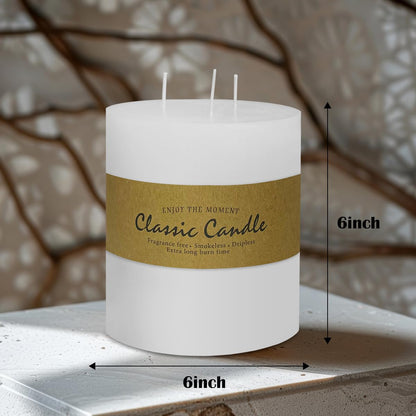 3 Wick White Extra Large Pillar Candle, 6" x 6", Unscented, Dripless, Smokeless, and Clean-Burning. Approx. 120 Hours of Burn Time. Perfect for Weddings, Dinners, Christmas and Home Decor