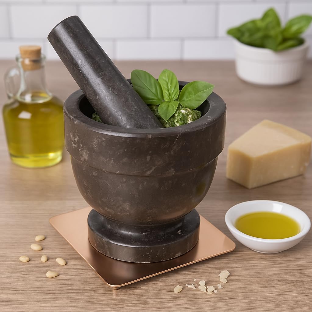 Natural Charcoal Marble Mortar & Pestle – Handcrafted Stone Grinder for Spices, Herbs & Kitchen Essentials (5.9” Diameter)