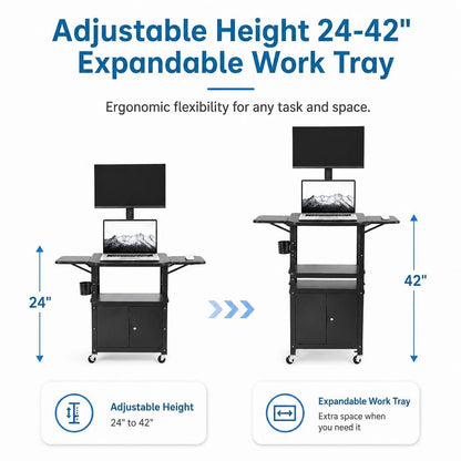 Portable AV Cart with Locking Storage Cabinet, Adjustable Laptop Stand & Drop Leaves, Rolling Workstation with Power Outlets for Classroom, Office, or Home Use