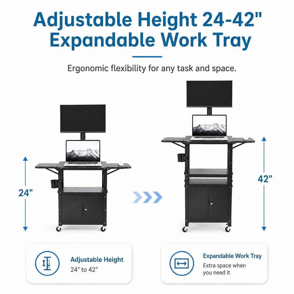 Mobile AV Cart with Lockable Cabinet, Adjustable Height Laptop Stand with Extension Rack, Drop Leaf Workstation, Extra Storage Space, Power Strip Included, Rolling Utility Cart