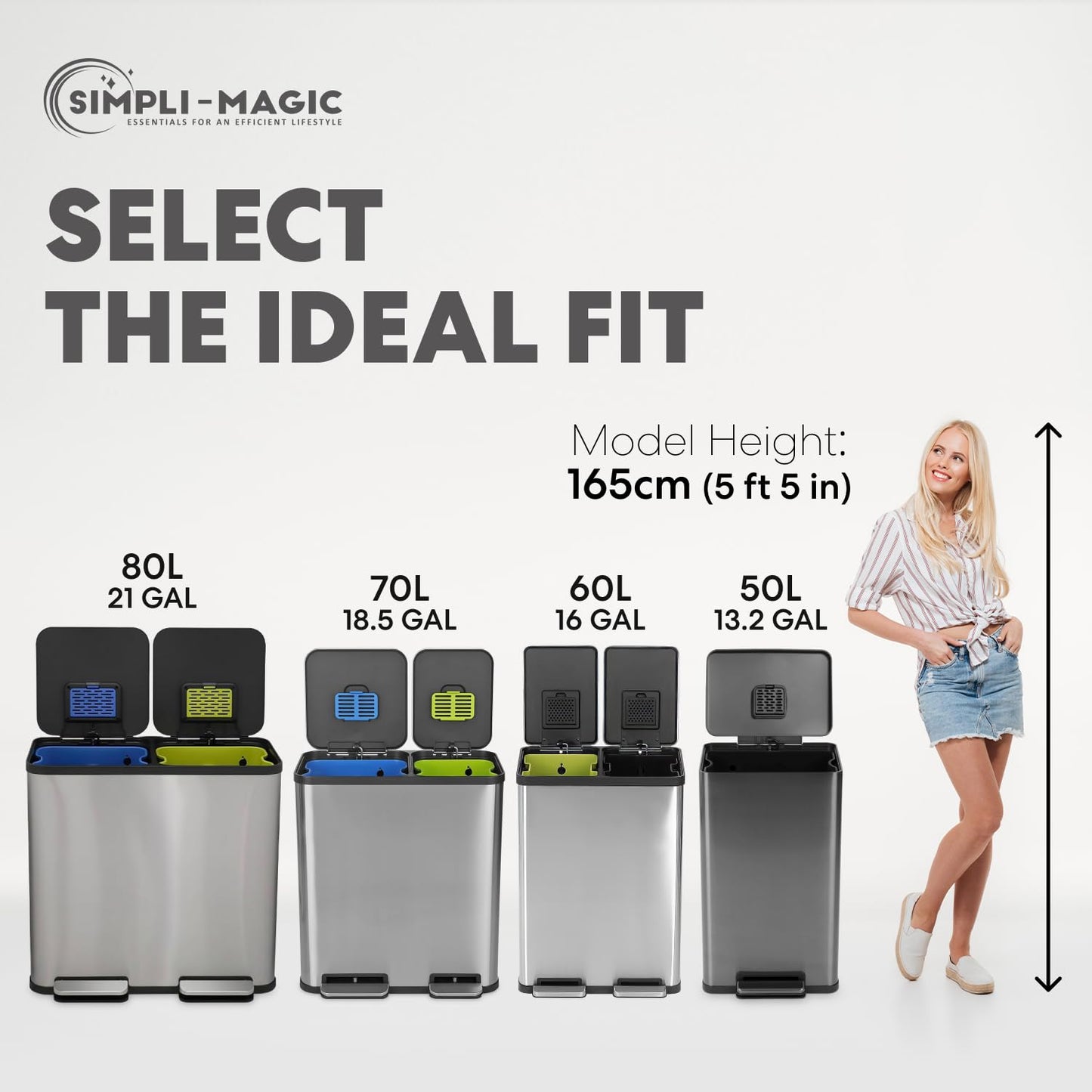Simpli-Magic 13.2 Gallon (50L) Step Trash Can – Kitchen Garbage Can with Slow-Close Lid – Odor Control, Hands-Free, Easy to Clean, Brushed Stainless Steel
