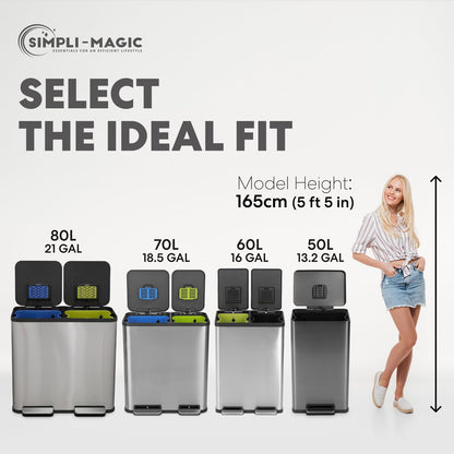 Simpli-Magic 13.2 Gallon (50L) Step Trash Can – Kitchen Garbage Can with Slow-Close Lid – Odor Control, Hands-Free, Easy to Clean, Brushed Stainless Steel
