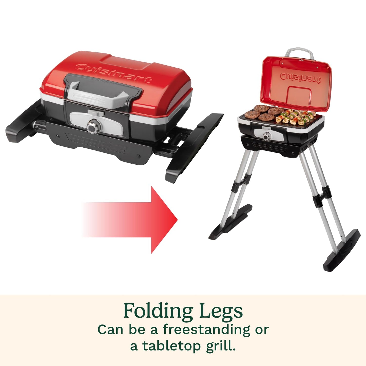 Cuisinart Petite Gourmet Portable Gas Grill with VersaStand, Compact Portable Grill Propane, 150 Sq. In. Cooking Surface, 5,500 BTU Burner Small Gas Grills for Camping, BBQ, Adjustable Base, Handles