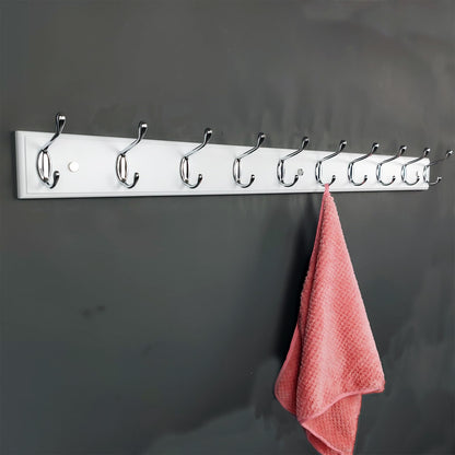 lomejii 37 Inch Long Wooden Wall Mounted Coat Rack with 10 Silver Chrome Hooks for Entryway and Bedroom to Hang Coats, Hats - Heavy Duty Hooks School Bag