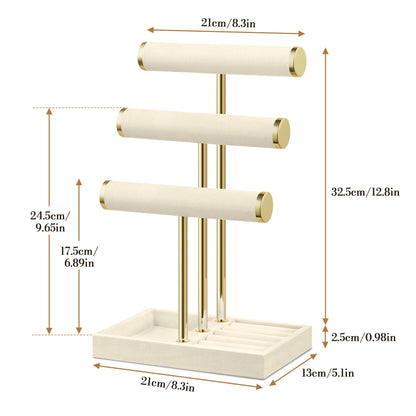 Josmimic Bracelet Holder Jewelry Organizer Display - 3 Tier T Bar Velvet Stand, Beige Jewelry Storage for Bracelet, Necklaces, Watches